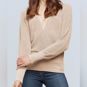 L’Agence Blair Crossover Pullover V-Neck Tan Metallic Gold Sweater NWT Size S